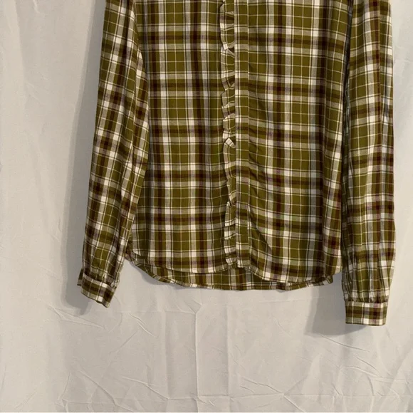 NWT LOFT Olive Plaid Long Sleeve Ruffled Blouse Size Large - Picture 4 of 9